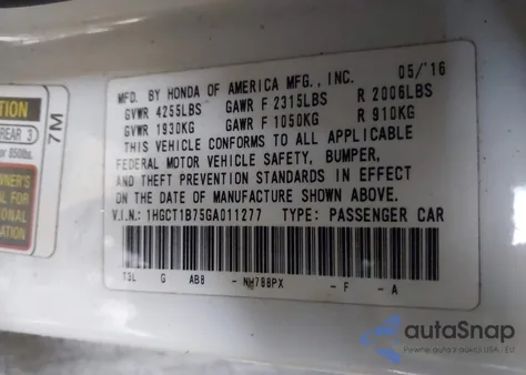 2016 Honda Accord Ex z USA, uszkodzony, nr VIN 1HGCT1B75GA011277